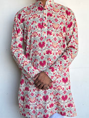 Pink Floral Hand Block Printed Long Kurta